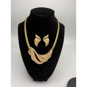 VTG TRIFARI Omega Necklace & Earrings Black Peach Enamel Chain Choker Statement